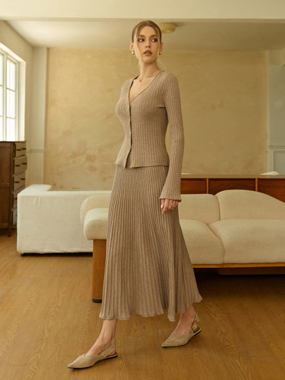 Textured Knit Cardigan and Midi Skirt Set