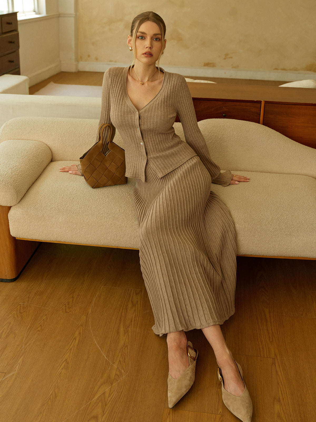 Textured Knit Cardigan and Midi Skirt Set