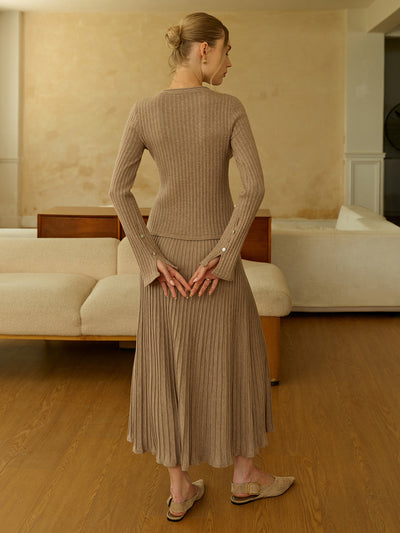 Textured Knit Cardigan and Midi Skirt Set