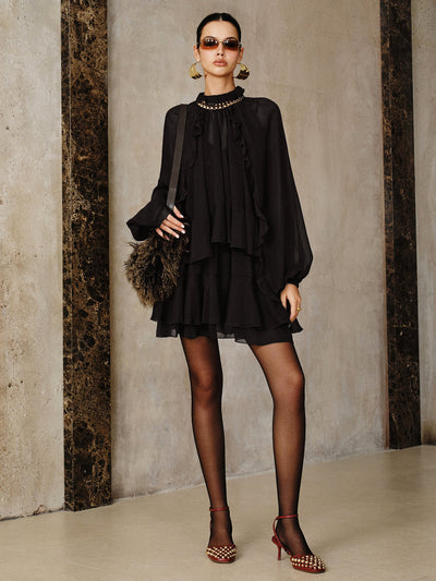 Tiered Ruffle Chiffon Mini Dress Set with Liner