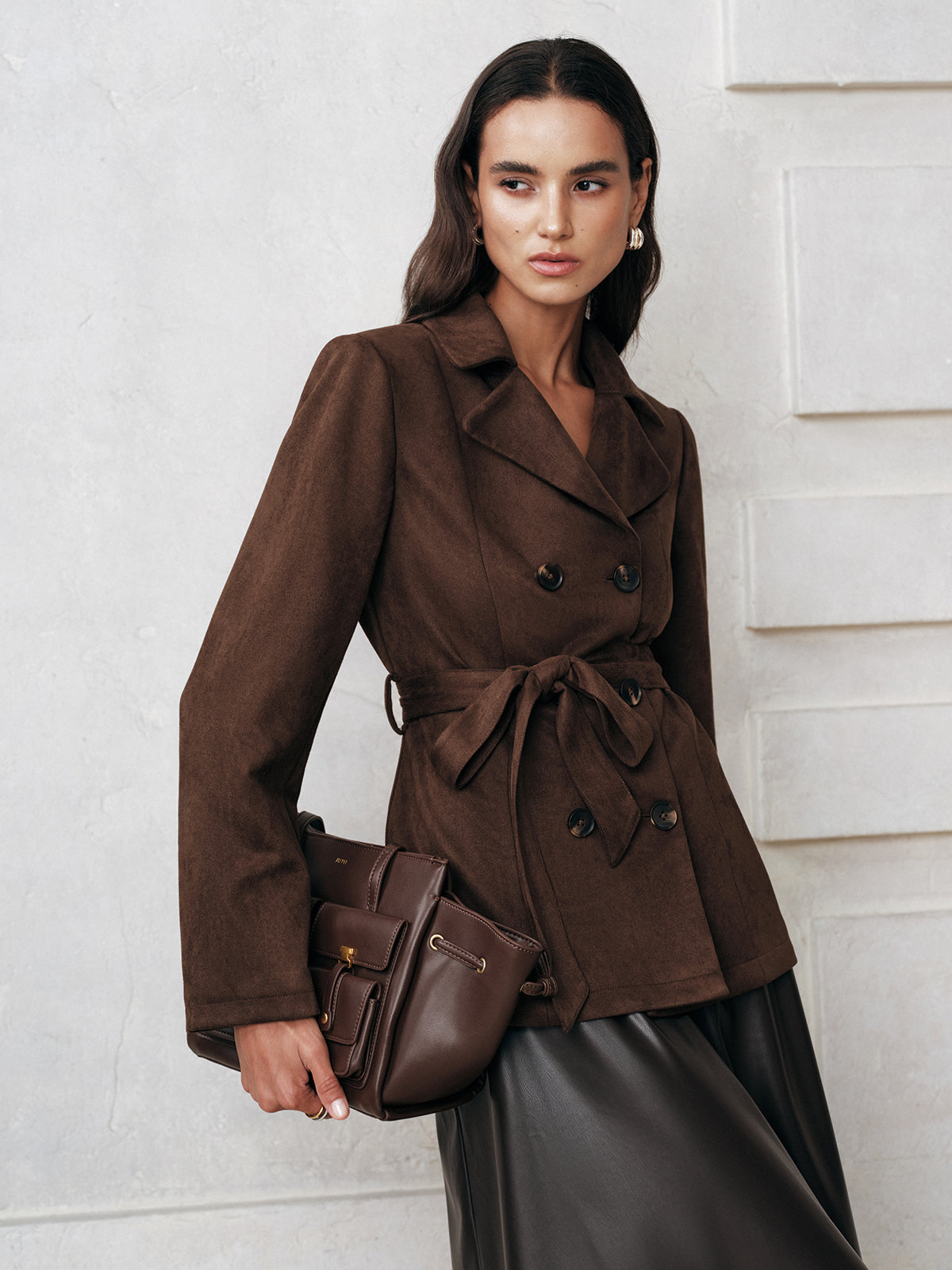 Belted Double-Breasted Suede Jacket