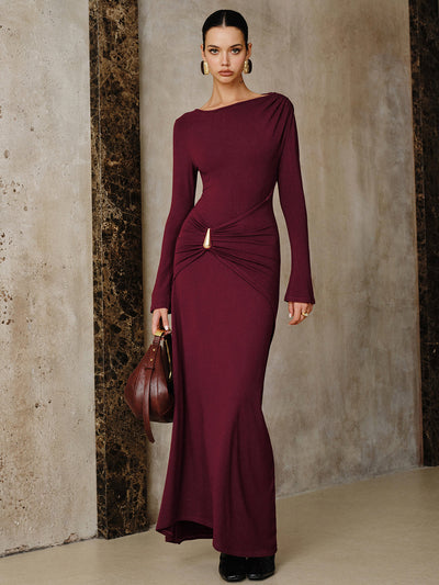 Metal Buckle Long Sleeve Ruched Maxi Dress
