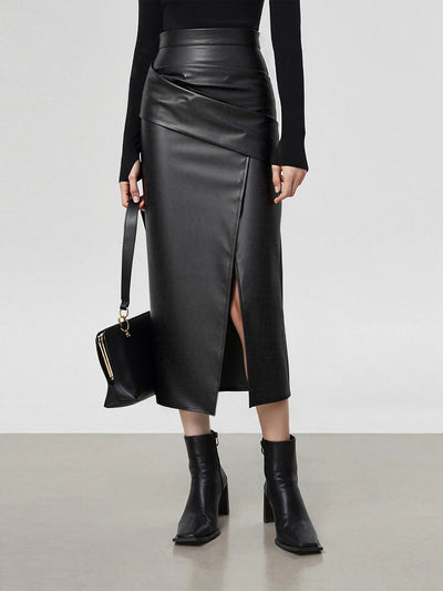 Ruched Slit PU Leather Midi Skirt