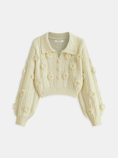 3D Floral Collared Cable Knit Top