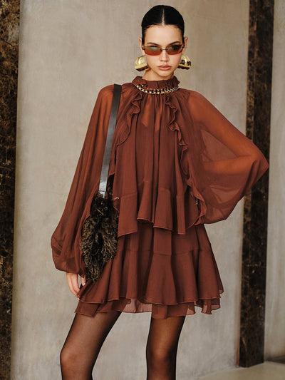 Tiered Ruffle Chiffon Mini Dress Set with Liner