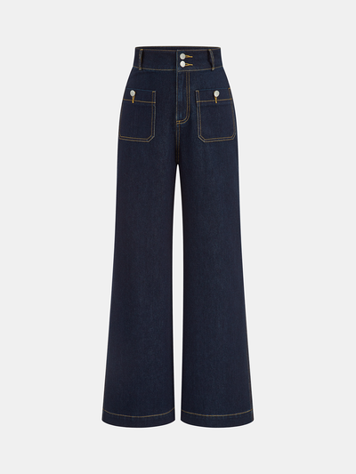 High-Waisted Double-Button Straight-Leg Denim Pants