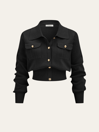 Metal Button Collared Cardigan and Midi Skirt Set