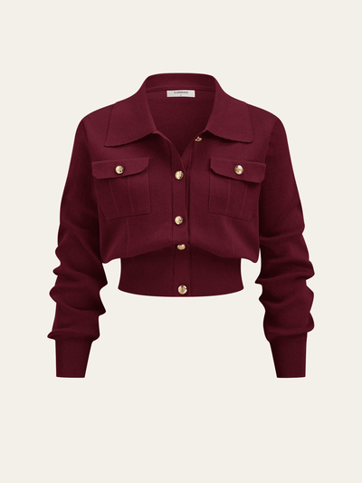 Metal Button Collared Cardigan and Midi Skirt Set