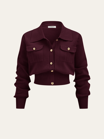 Metal Button Collared Cardigan and Midi Skirt Set