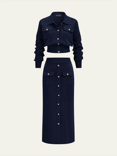 Metal Button Collared Cardigan and Midi Skirt Set
