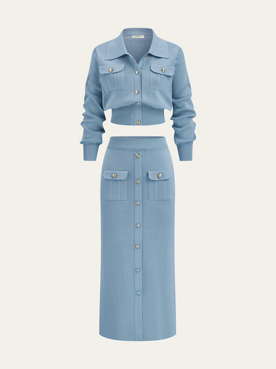 Metal Button Collared Cardigan and Midi Skirt Set