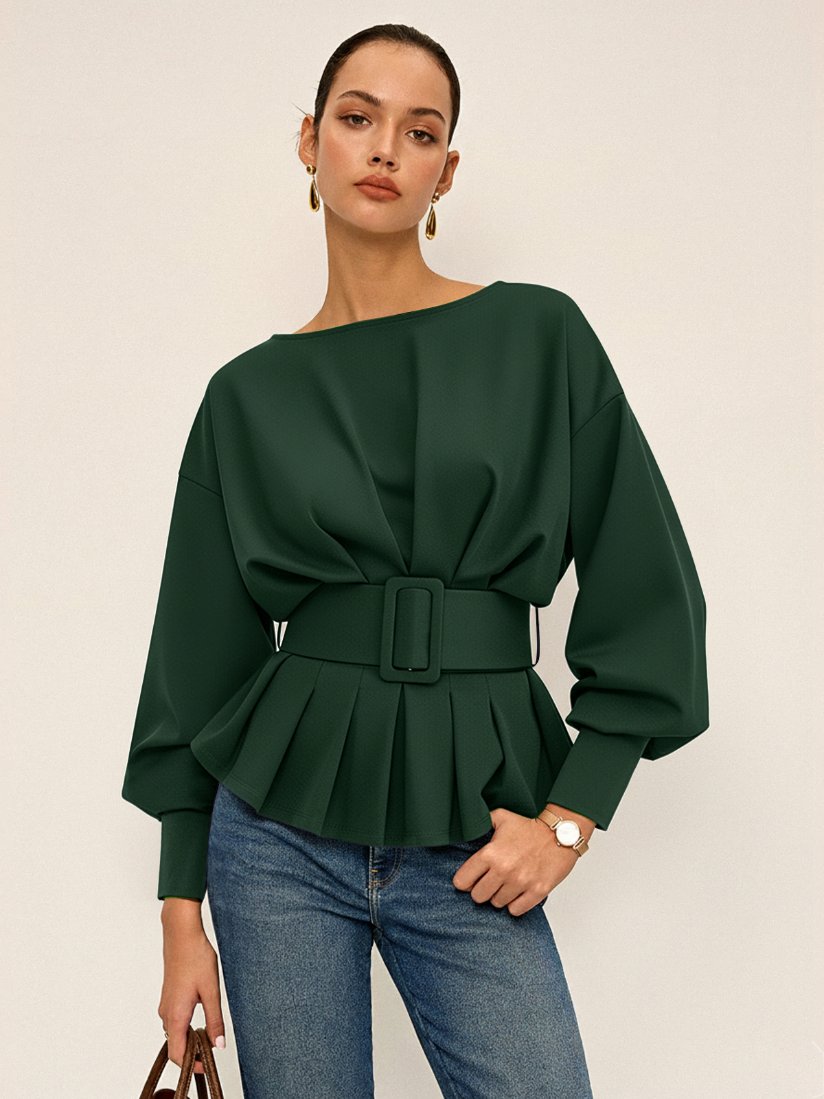 Boat Neck Peplum Sweatshirt with Wide Belt