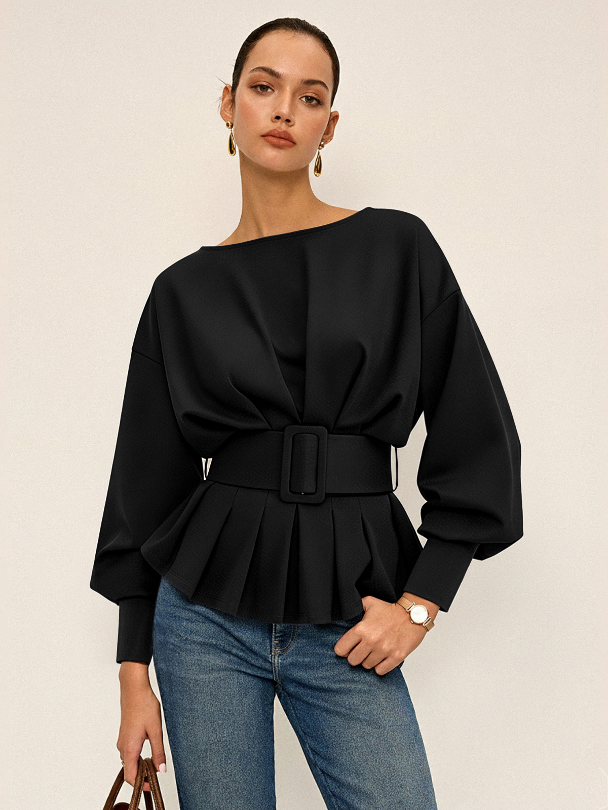 Boat Neck Peplum Sweatshirt with Wide Belt