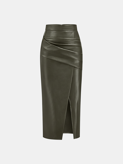 Ruched Slit PU Leather Midi Skirt