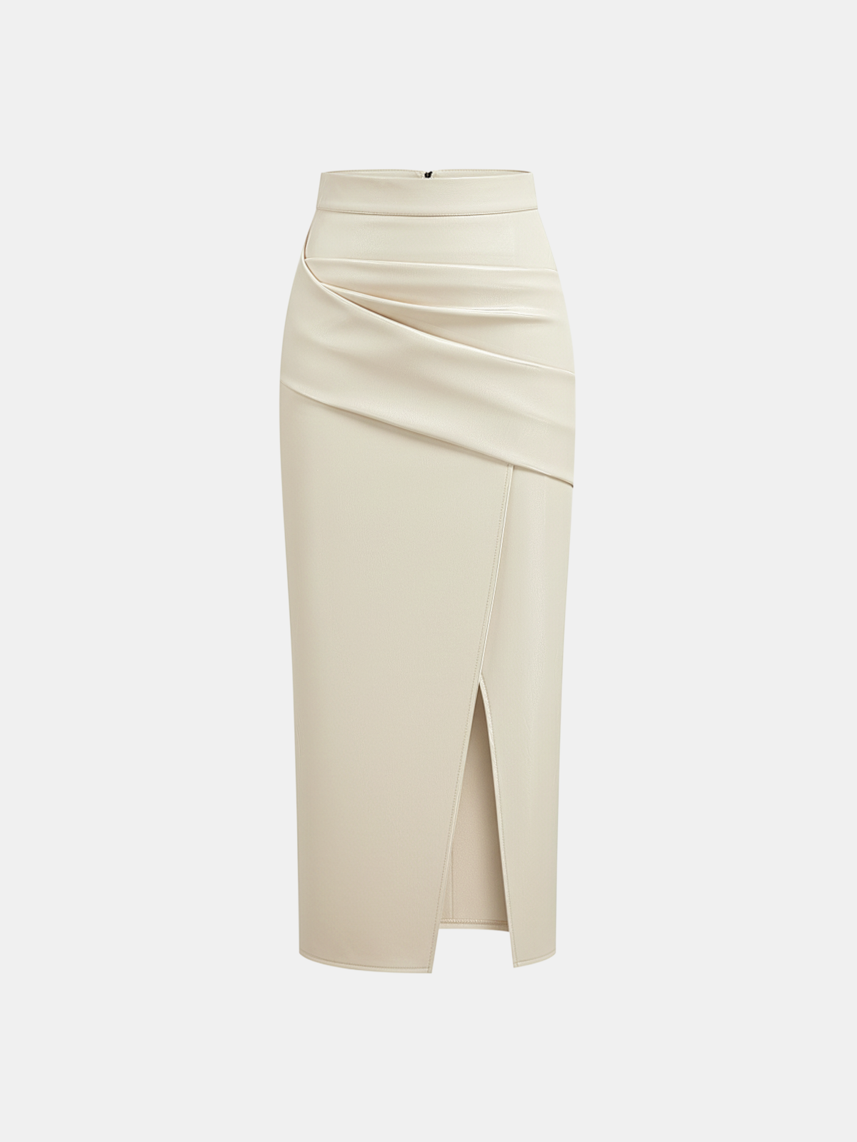 Ruched Slit PU Leather Midi Skirt
