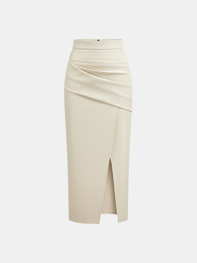 Ruched Slit PU Leather Midi Skirt
