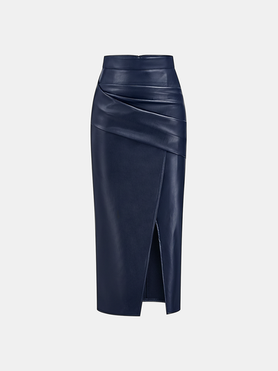 Ruched Slit PU Leather Midi Skirt