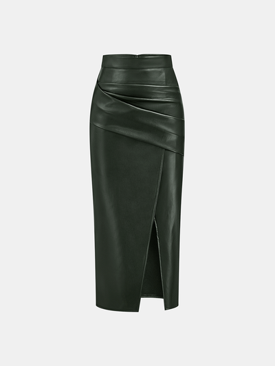 Ruched Slit PU Leather Midi Skirt