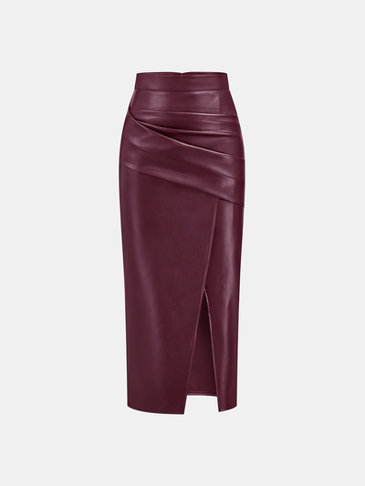 Ruched Slit PU Leather Midi Skirt