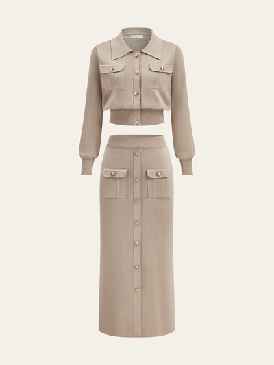 Metal Button Collared Cardigan and Midi Skirt Set