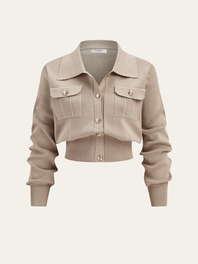 Metal Button Collared Cardigan and Midi Skirt Set