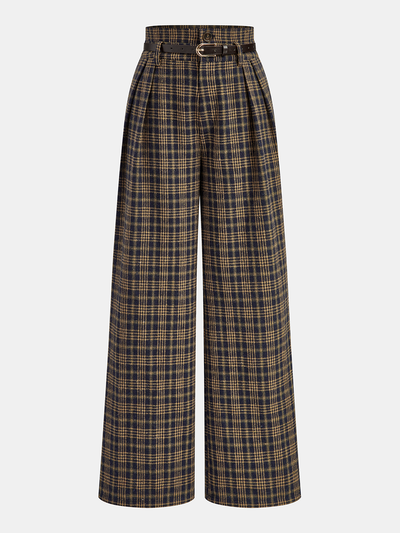 Belted Plaid High-Waisted Pants