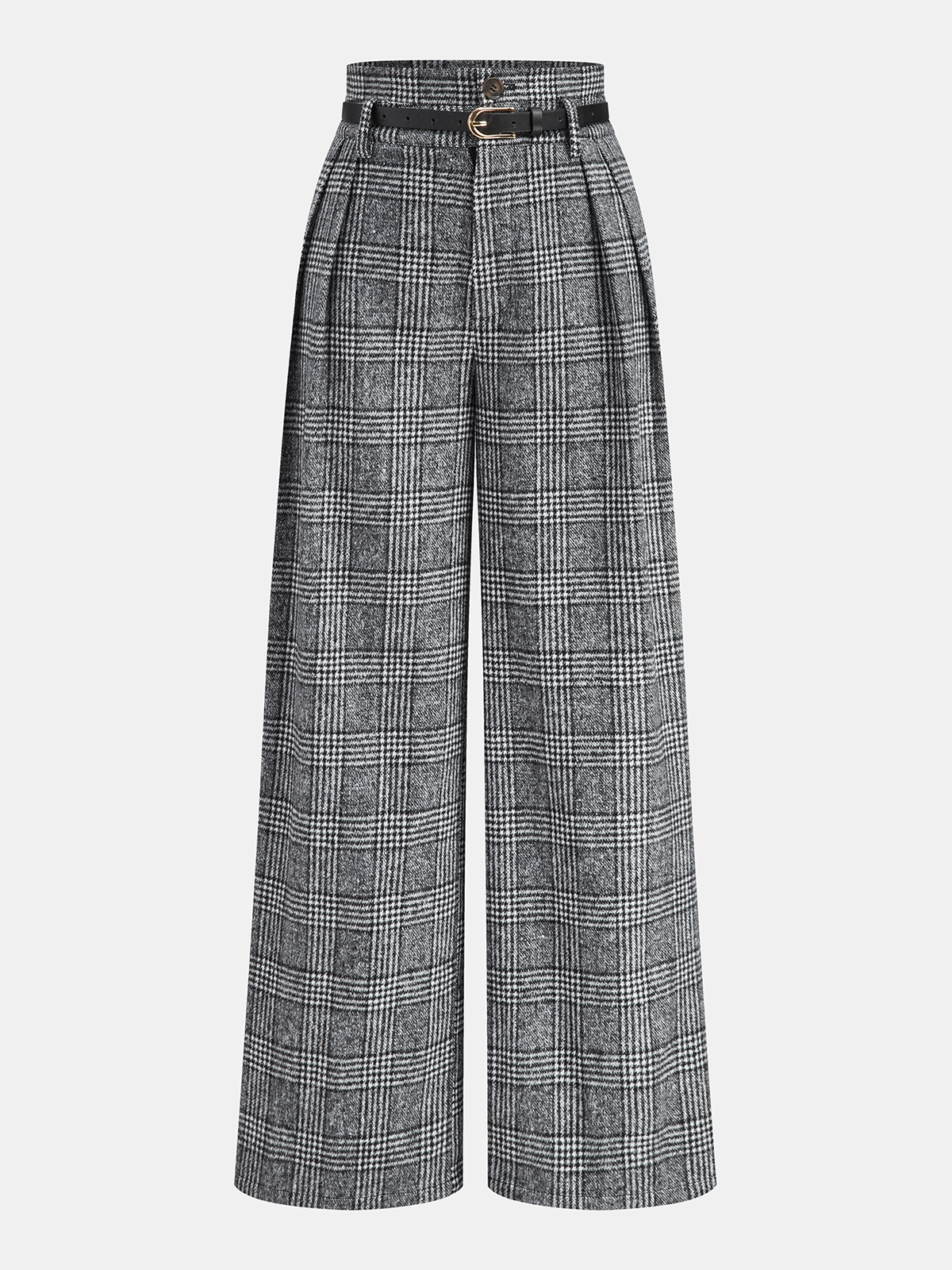 Belted Plaid High-Waisted Pants