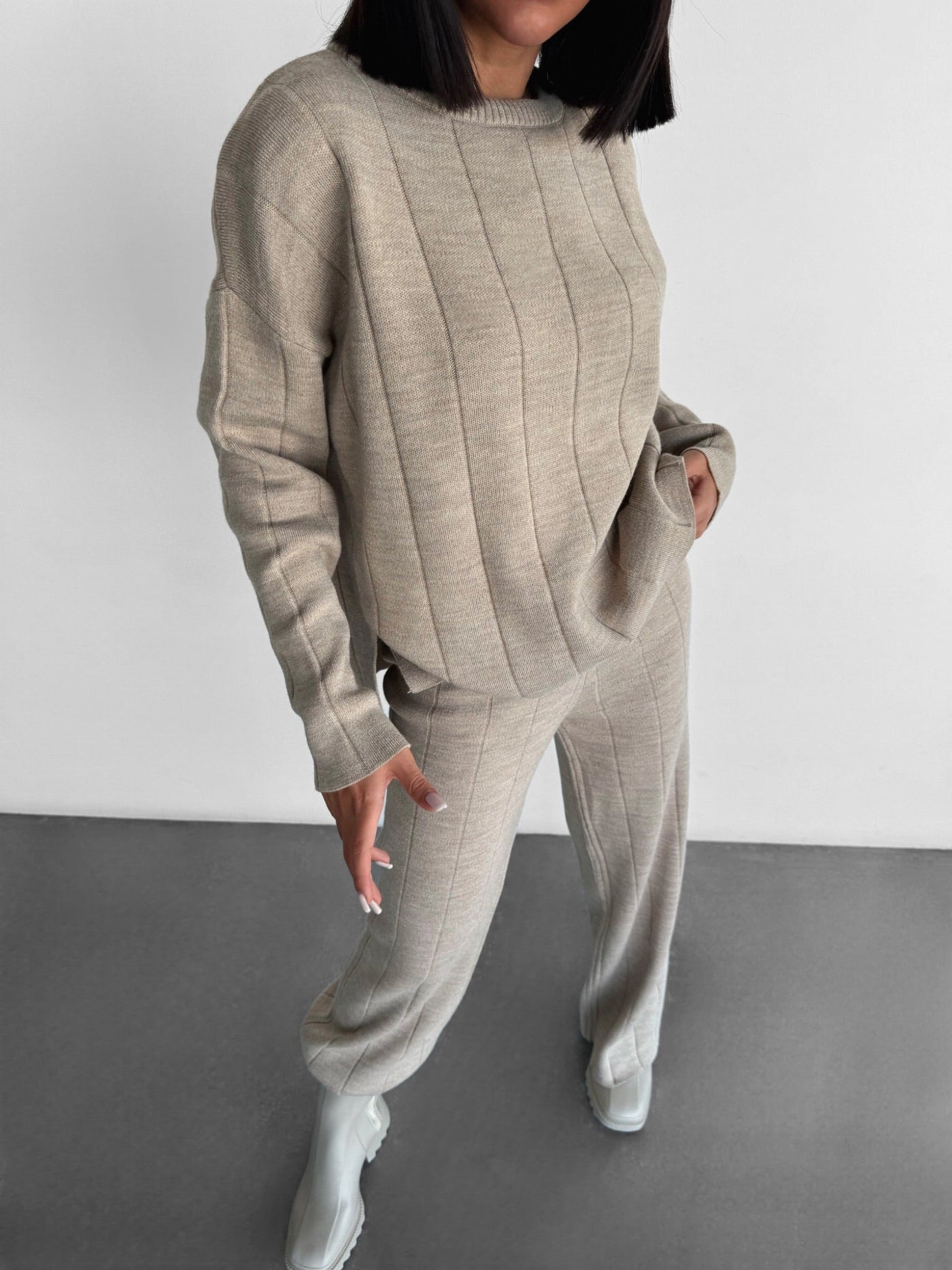 Wide Leg Knit Textured Trousers - Light Grey